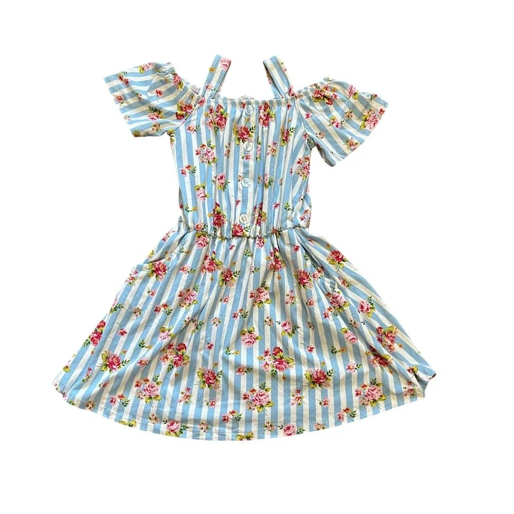 Love Maddie‎ Girls Size 5 Blue Stripe Floral Cold Shoulder Dress Casual Cute
